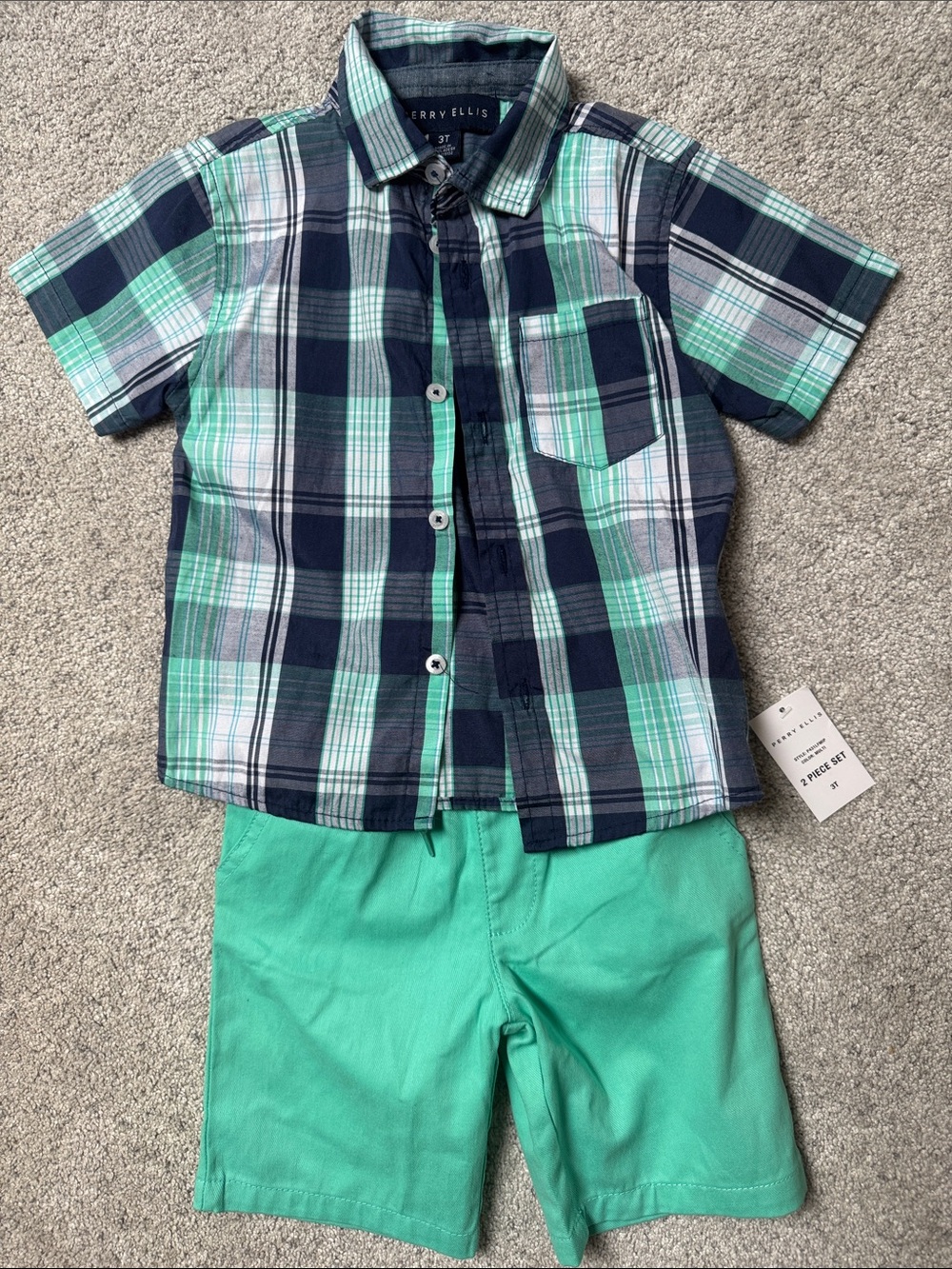 NWT Perry Ellis 3T Boys Short Sleeve Plaid Shirt & Teal Shorts Set
